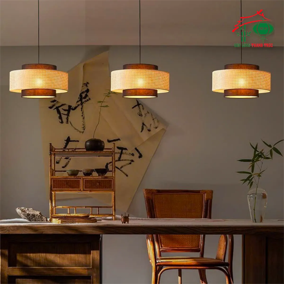 Đèn thả chao vải kết hợp mây đan mắt cáo