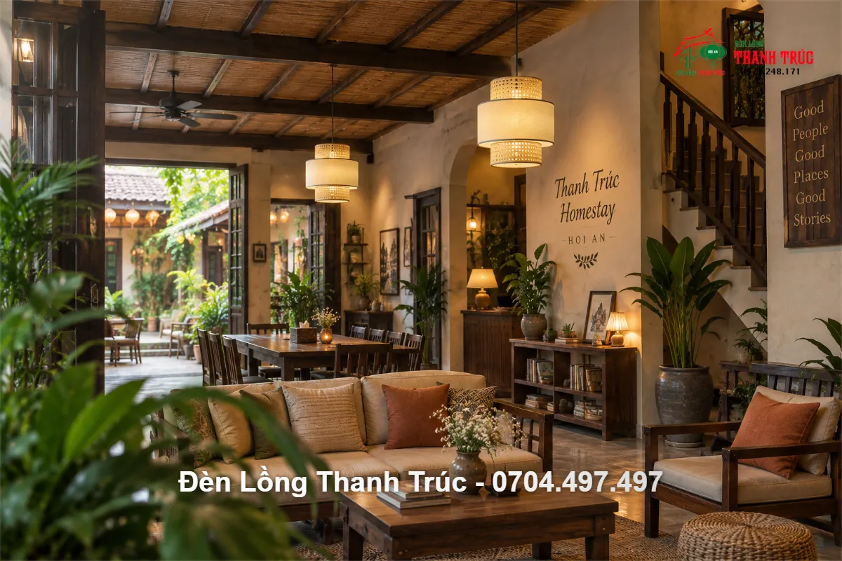 Đèn thả vải 2 tầng hình trụ trang trí homestay