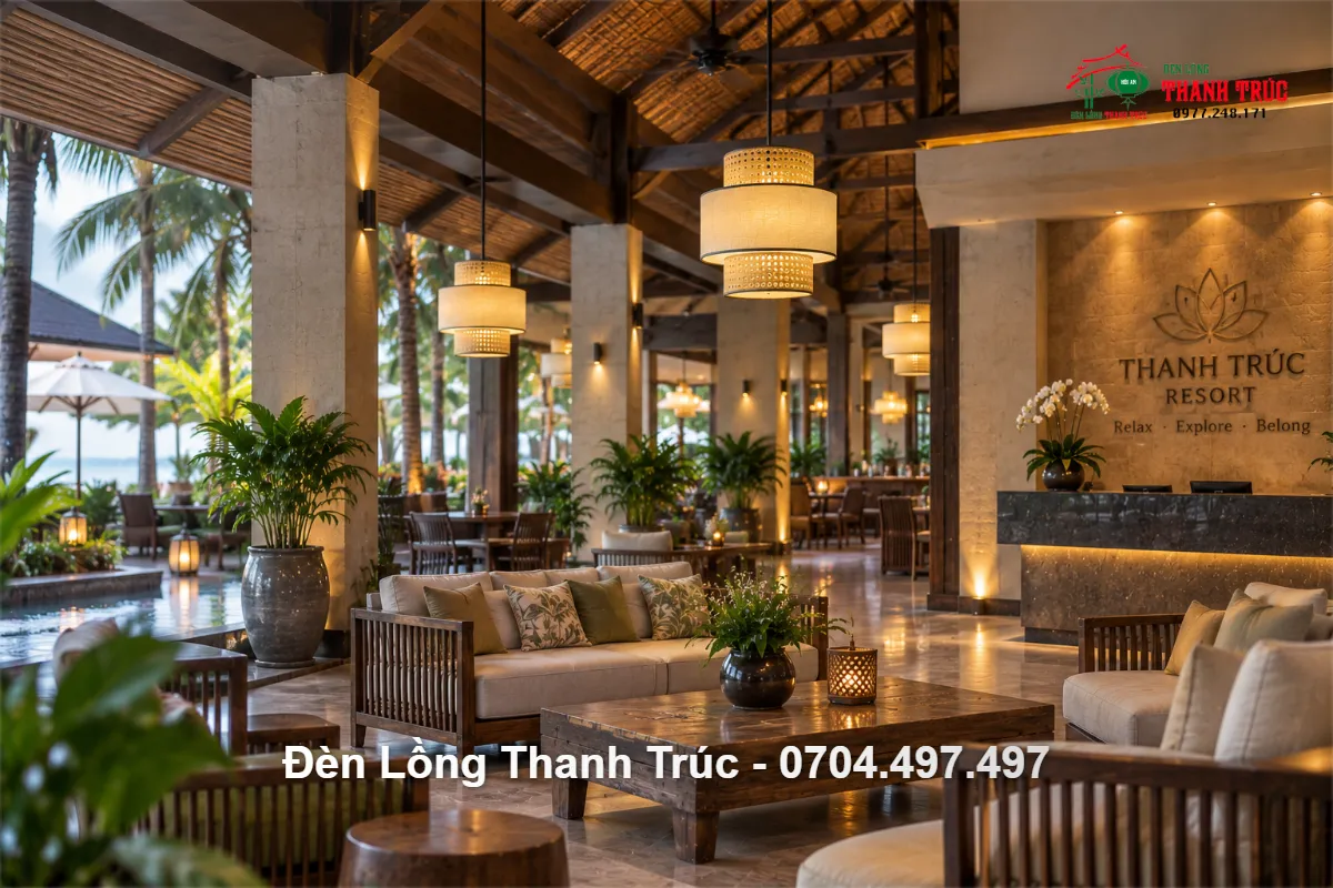 Đèn thả vải 2 tầng hình trụ trang trí resort