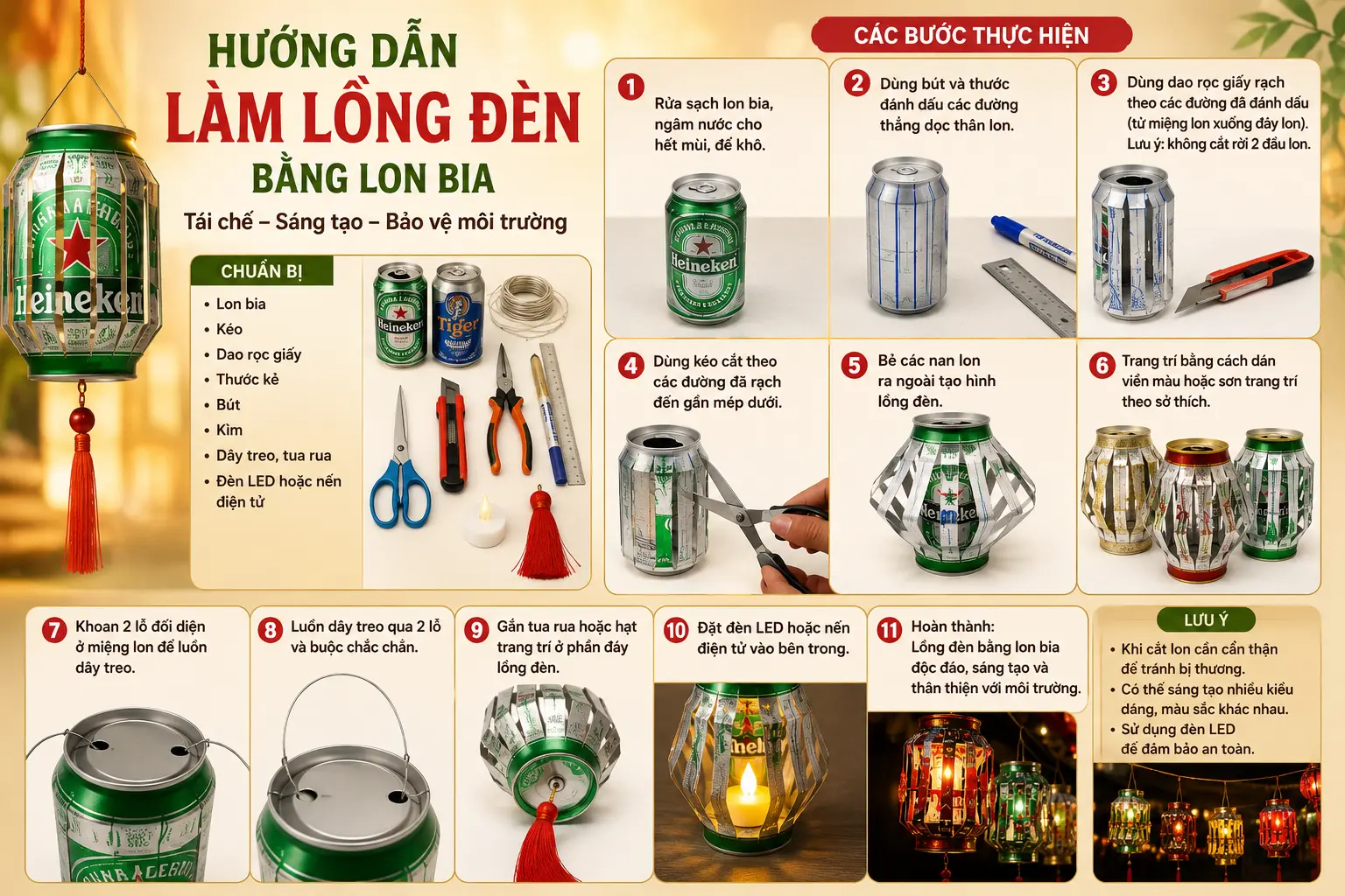 Hướng dẫn làm lồng đèn bằng lon bia