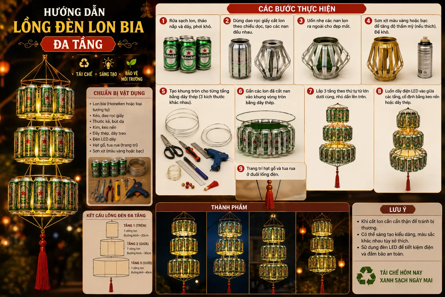Hướng dẫn làm lồng đèn lon bia đa tầng