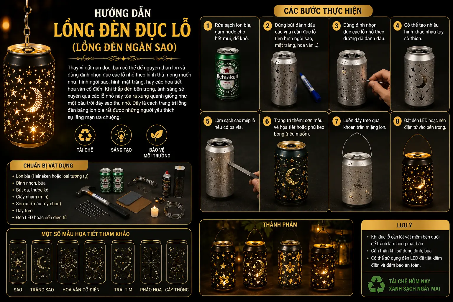 Hướng dẫn làm lồng đèn dục lỗ ngàn sao bằng lon bia