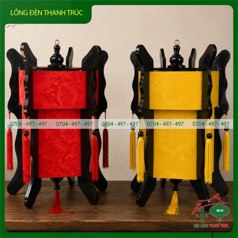 Lồng đèn lục giác bọc gấm màu đỏ vàng